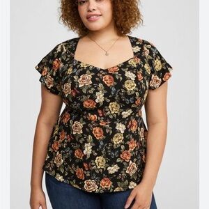 Torrid Challis Sweetheart Black Floral Peplum Top Size 1X NWT